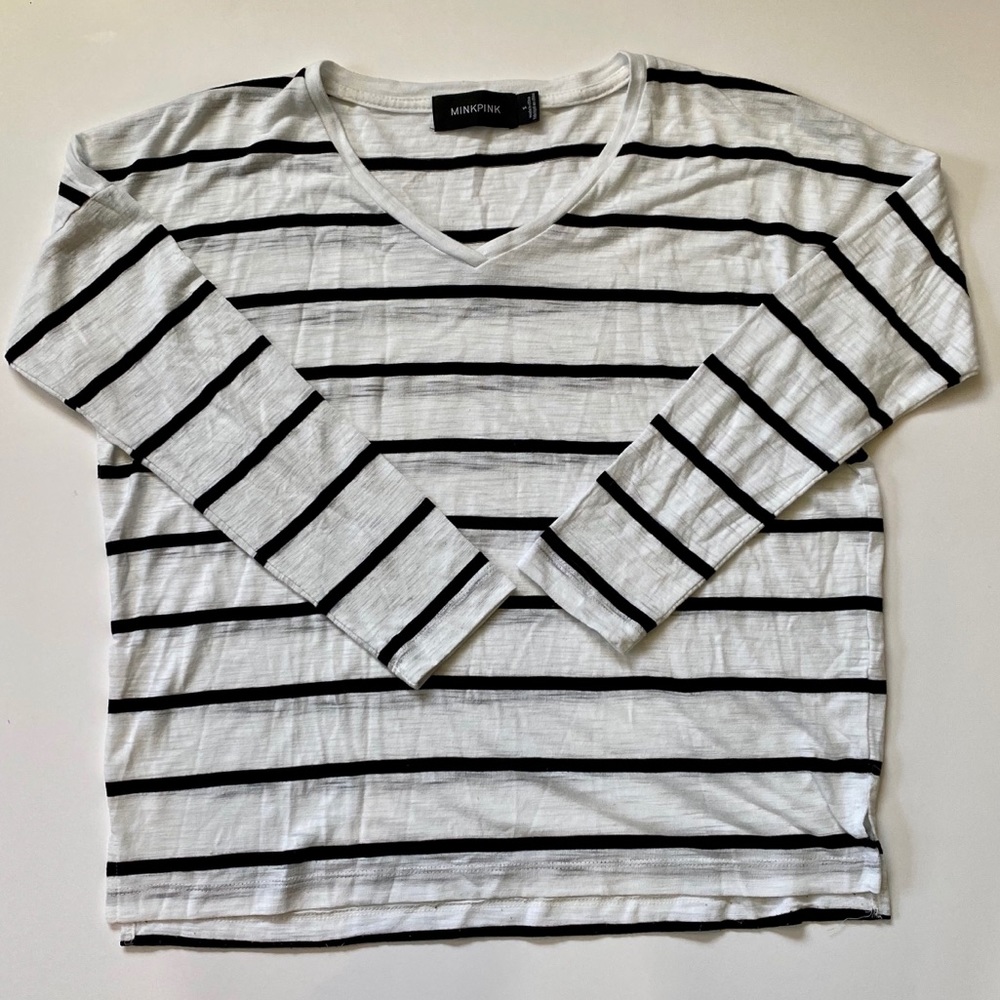 MINKPINK Casual Striped V Neck Tee Top Shirt